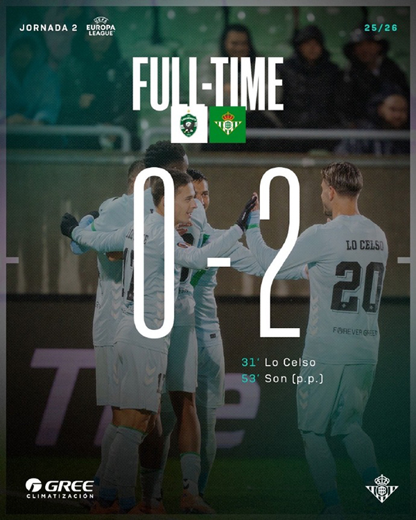 欧联杯第2轮战报：卢多戈雷茨0-2皇家贝蒂斯，洛塞尔索破门+对手乌龙送礼