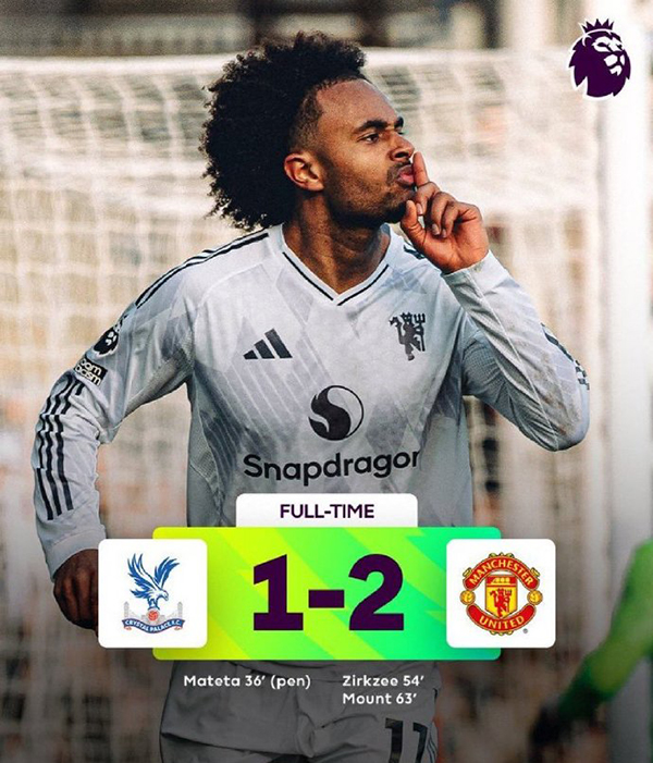 英超-曼联2-1水晶宫 齐尔克泽0度神仙球 芒特远射建功