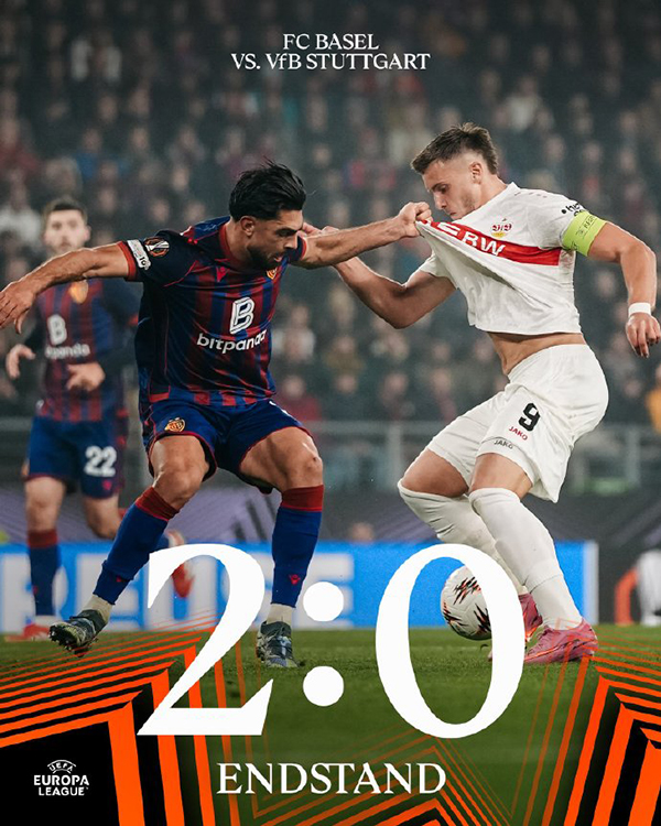 欧联杯第2轮战报：巴塞尔2-0斯图加特，阿耶蒂闪击+布罗申斯基头槌，德米罗维奇失点